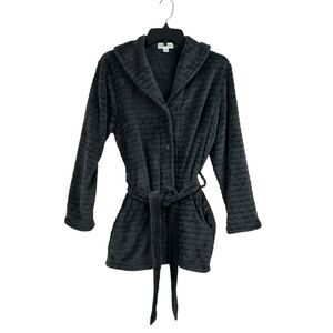 Miss Elaine Womens Plush Bed Jacket Snap Tie Shawl Collar Pockets Gray Small